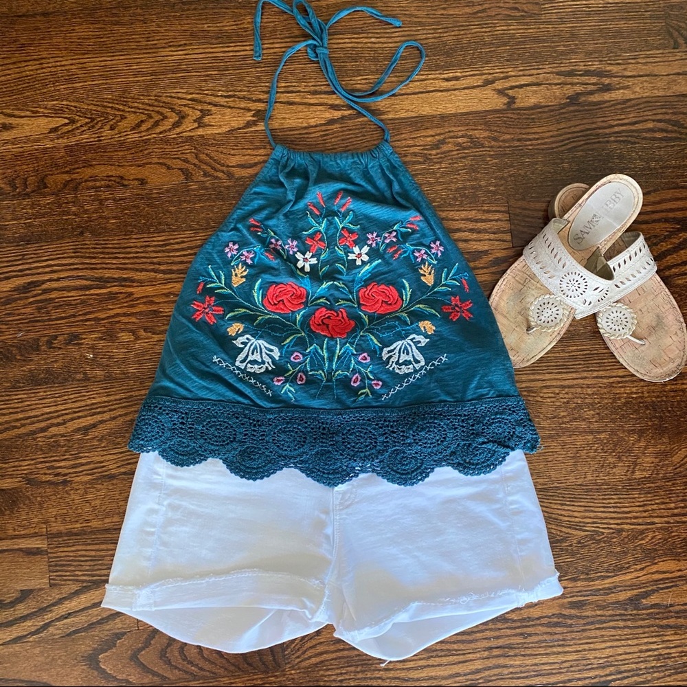 Green embroidered halter top